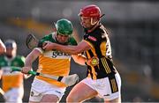 10 May 2025; Brian Duignan of Offaly is tackled by Adrian Mullen of Kilkenny during the Leinster GAA Hurling Senior Championship Round 3 match between Kilkenny and Offaly at UPMC Nowlan Park in Kilkenny. Photo by Ben McShane/Sportsfile