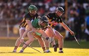 10 May 2025; Eoin Burke of Offaly is tackled by Tommy Walsh, left, and Mikey Butler of Kilkenny during the Leinster GAA Hurling Senior Championship Round 3 match between Kilkenny and Offaly at UPMC Nowlan Park in Kilkenny. Photo by Ben McShane/Sportsfile
