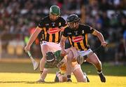 10 May 2025; Eoin Burke of Offaly is tackled by Tommy Walsh, left, and Mikey Butler of Kilkenny during the Leinster GAA Hurling Senior Championship Round 3 match between Kilkenny and Offaly at UPMC Nowlan Park in Kilkenny. Photo by Ben McShane/Sportsfile
