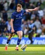 10 May 2025; Ciarán Frawley of Leinster kicks a conversion after his side's 12th try during the United Rugby Championship match between Leinster and Zebre Parma at the Aviva Stadium in Dublin. Photo by Seb Daly/Sportsfile