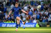 10 May 2025; Ciarán Frawley of Leinster kicks a conversion after his side's 12th try during the United Rugby Championship match between Leinster and Zebre Parma at the Aviva Stadium in Dublin. Photo by Seb Daly/Sportsfile