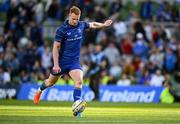 10 May 2025; Ciarán Frawley of Leinster kicks a conversion after his side's 12th try during the United Rugby Championship match between Leinster and Zebre Parma at the Aviva Stadium in Dublin. Photo by Seb Daly/Sportsfile