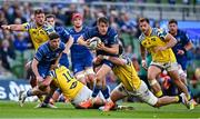 10 May 2025; Garry Ringrose of Leinster is tackled by Enrico Lucchin of Zebre Parma during the United Rugby Championship match between Leinster and Zebre Parma at the Aviva Stadium in Dublin. Photo by Seb Daly/Sportsfile