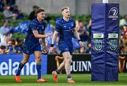 10 May 2025; Jamie Osborne of Leinster with teammate Jordie Barrett, left, after scoring their side's 12th try during the United Rugby Championship match between Leinster and Zebre Parma at the Aviva Stadium in Dublin. Photo by Brendan Moran/Sportsfile