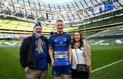 10 May 2025; Ciarán Frawley of Leinster with his sister Alannah and grandfather Justin Maguire after his 100th Leinster cap following the United Rugby Championship match between Leinster and Zebre Parma at the Aviva Stadium in Dublin. Photo by Brendan Moran/Sportsfile