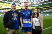 10 May 2025; Ciarán Frawley of Leinster with his sister Alannah and grandfather Justin Maguire after his 100th Leinster cap following the United Rugby Championship match between Leinster and Zebre Parma at the Aviva Stadium in Dublin. Photo by Brendan Moran/Sportsfile