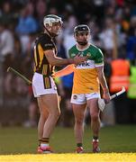 10 May 2025; Paddy Deegan of Kilkenny and David Nally of Offaly after the Leinster GAA Hurling Senior Championship Round 3 match between Kilkenny and Offaly at UPMC Nowlan Park in Kilkenny. Photo by Ben McShane/Sportsfile