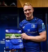 10 May 2025; Ciarán Frawley of Leinster with a jersey he was presented with to mark his 100th Leinster cap following the United Rugby Championship match between Leinster and Zebre Parma at the Aviva Stadium in Dublin. Photo by Brendan Moran/Sportsfile