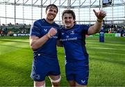10 May 2025; Ryan Baird, left, and John McKee of Leinster after the United Rugby Championship match between Leinster and Zebre Parma at the Aviva Stadium in Dublin. Photo by Brendan Moran/Sportsfile