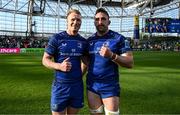 10 May 2025; Ciarán Frawley, left, and Jack Conan of Leinster after the United Rugby Championship match between Leinster and Zebre Parma at the Aviva Stadium in Dublin. Photo by Brendan Moran/Sportsfile