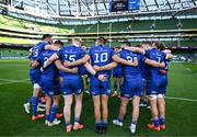 10 May 2025; The Leinster team huddle after the United Rugby Championship match between Leinster and Zebre Parma at the Aviva Stadium in Dublin. Photo by Brendan Moran/Sportsfile