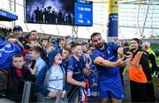 10 May 2025; Rónan Kelleher of Leinster takes a selfie with supporters after the United Rugby Championship match between Leinster and Zebre Parma at the Aviva Stadium in Dublin. Photo by Brendan Moran/Sportsfile