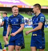 10 May 2025; Ciarán Frawley, left, and Sam Prendergast of Leinster after the United Rugby Championship match between Leinster and Zebre Parma at the Aviva Stadium in Dublin. Photo by Brendan Moran/Sportsfile