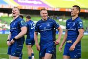 10 May 2025; Leinster players, from left, Jamie Osborne, Ciarán Frawley and Sam Prendergast of Leinster after the United Rugby Championship match between Leinster and Zebre Parma at the Aviva Stadium in Dublin. Photo by Brendan Moran/Sportsfile