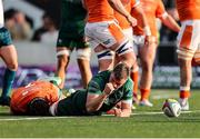 10 May 2025; Cian Prendergast of Connacht celebrates after scoring his side's first try, which was later disallowed after a review, during the United Rugby Championship match between Connacht and Edinburgh at Dexcom Stadium in Galway. Photo by Thomas Flinkow/Sportsfile