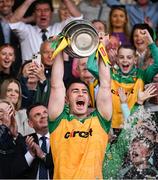 10 May 2025; Donegal captain Patrick McBrearty lifts the cup after winning the Ulster GAA Football Senior Championship final match between Armagh and Donegal at St Tiernach's Park in Clones, Monaghan. Photo by David Fitzgerald/Sportsfile