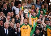 10 May 2025; Donegal captain Patrick McBrearty lifts the cup after winning the Ulster GAA Football Senior Championship final match between Armagh and Donegal at St Tiernach's Park in Clones, Monaghan. Photo by David Fitzgerald/Sportsfile