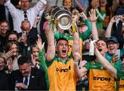 10 May 2025; Donegal captain Patrick McBrearty lifts the cup after winning the Ulster GAA Football Senior Championship final match between Armagh and Donegal at St Tiernach's Park in Clones, Monaghan. Photo by David Fitzgerald/Sportsfile