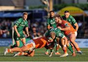 10 May 2025; Hugh Gavin of Connacht is tackled by Edinburgh players Pierre Schoeman, left, and D'Arcy Rae during the United Rugby Championship match between Connacht and Edinburgh at Dexcom Stadium in Galway. Photo by Thomas Flinkow/Sportsfile