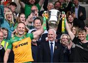10 May 2025; Michael Murphy of Donegal, left, lifts the cup with Jack Gallagher after winning the Ulster GAA Football Senior Championship final match between Armagh and Donegal at St Tiernach's Park in Clones, Monaghan. Photo by David Fitzgerald/Sportsfile