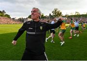 10 May 2025; Donegal manager Jim McGuinness celebrates at the final whistle after winning the Ulster GAA Football Senior Championship final match between Armagh and Donegal at St Tiernach's Park in Clones, Monaghan. Photo by David Fitzgerald/Sportsfile