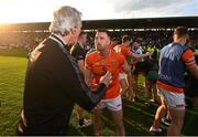 10 May 2025; Armagh captain Aidan Forker confronts Donegal manager Jim McGuinness as a tussle breaks out after the Ulster GAA Football Senior Championship final match between Armagh and Donegal at St Tiernach's Park in Clones, Monaghan. Photo by David Fitzgerald/Sportsfile