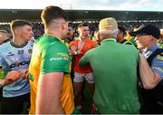 10 May 2025; Players from both sides tussle including Oisin Conaty of Armagh, centre, after the Ulster GAA Football Senior Championship final match between Armagh and Donegal at St Tiernach's Park in Clones, Monaghan. Photo by David Fitzgerald/Sportsfile