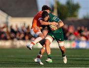 10 May 2025; Conor Oliver of Connacht in action against Ali Price of Edinburgh during the United Rugby Championship match between Connacht and Edinburgh at Dexcom Stadium in Galway. Photo by Thomas Flinkow/Sportsfile