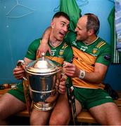 10 May 2025; Patrick McBrearty, left, and Michael Murphy of Donegal with the Anglo-Celt Cup in the dressing room after the Ulster GAA Football Senior Championship final match between Armagh and Donegal at St Tiernach's Park in Clones, Monaghan. Photo by Ramsey Cardy/Sportsfile