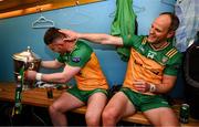 10 May 2025; Patrick McBrearty, left, and Michael Murphy of Donegal with the Anglo-Celt Cup in the dressing room after the Ulster GAA Football Senior Championship final match between Armagh and Donegal at St Tiernach's Park in Clones, Monaghan. Photo by Ramsey Cardy/Sportsfile