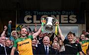 10 May 2025; Michael Murphy, left, and Jack Gallagher of Donegal lift the Anglo-Celt Cup after the Ulster GAA Football Senior Championship final match between Armagh and Donegal at St Tiernach's Park in Clones, Monaghan. Photo by Ramsey Cardy/Sportsfile
