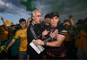 10 May 2025; Donegal manager Jim McGuinness, left, and Armagh manager Kieran McGeeney after the Ulster GAA Football Senior Championship final match between Armagh and Donegal at St Tiernach's Park in Clones, Monaghan. Photo by Ramsey Cardy/Sportsfile