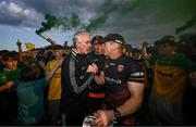 10 May 2025; Donegal manager Jim McGuinness, left, and Armagh manager Kieran McGeeney after the Ulster GAA Football Senior Championship final match between Armagh and Donegal at St Tiernach's Park in Clones, Monaghan. Photo by Ramsey Cardy/Sportsfile