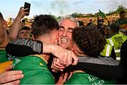 10 May 2025; Donegal manager Jim McGuinness celebrates with Michael Langan, left, and Odhran McFadden Ferry, after the Ulster GAA Football Senior Championship final match between Armagh and Donegal at St Tiernach's Park in Clones, Monaghan. Photo by Ramsey Cardy/Sportsfile