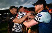10 May 2025; Armagh goalkeeper Blaine Hughes is restrained by Armagh manager Kieran McGeeney during the Ulster GAA Football Senior Championship final match between Armagh and Donegal at St Tiernach's Park in Clones, Monaghan. Photo by Ramsey Cardy/Sportsfile