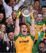 10 May 2025; Donegal captain Patrick McBrearty lifts the cup after winning the Ulster GAA Football Senior Championship final match between Armagh and Donegal at St Tiernach's Park in Clones, Monaghan. Photo by David Fitzgerald/Sportsfile