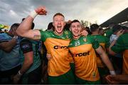 10 May 2025; Oisin Gallen, left, and Jamie Brennan of Donegal celebrate after the Ulster GAA Football Senior Championship final match between Armagh and Donegal at St Tiernach's Park in Clones, Monaghan. Photo by Ramsey Cardy/Sportsfile