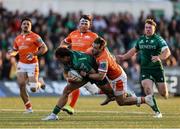 10 May 2025; Shayne Bolton of Connacht is tackled by Wes Goosen of Edinburgh during the United Rugby Championship match between Connacht and Edinburgh at Dexcom Stadium in Galway. Photo by Thomas Flinkow/Sportsfile