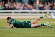 10 May 2025; Finn Treacy of Connacht scores his side's second try during the United Rugby Championship match between Connacht and Edinburgh at Dexcom Stadium in Galway. Photo by Thomas Flinkow/Sportsfile