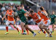 10 May 2025; Shayne Bolton of Connacht in action against Edinburgh players Ross Thompson, second from right, and Wes Goosen, right, during the United Rugby Championship match between Connacht and Edinburgh at Dexcom Stadium in Galway. Photo by Thomas Flinkow/Sportsfile