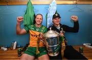 10 May 2025; Michael Murphy of Donegal and selector Neil McGee with the Anglo-Celt Cup after the Ulster GAA Football Senior Championship final match between Armagh and Donegal at St Tiernach's Park in Clones, Monaghan. Photo by Ramsey Cardy/Sportsfile