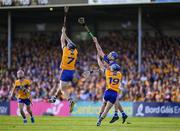 10 May 2025; David McInerney and Rory Hayes of Clare and  John McGrath of Tipperary during the Munster GAA Hurling Senior Championship Round 3 match between Clare and Tipperary at Zimmer Biomet Páirc Chíosóg in Ennis, Clare. Photo by Ray McManus/Sportsfile
