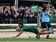 10 May 2025; Shayne Bolton of Connacht scores his side's third try during the United Rugby Championship match between Connacht and Edinburgh at Dexcom Stadium in Galway. Photo by Thomas Flinkow/Sportsfile