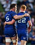 10 May 2025; Leinster players Jack Conan, left, and Ciarán Frawley after their side's victory in the United Rugby Championship match between Leinster and Zebre Parma at the Aviva Stadium in Dublin. Photo by Seb Daly/Sportsfile