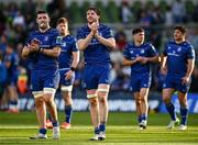 10 May 2025; Leinster players Ryan Baird, centre, and James Culhane after their side's victory in the United Rugby Championship match between Leinster and Zebre Parma at the Aviva Stadium in Dublin. Photo by Seb Daly/Sportsfile