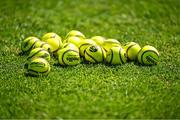 10 May 2025; Sliotars on the pitch for the Galway warm-up before the Leinster GAA Hurling Senior Championship Round 3 match between Galway and Wexford at Pearse Stadium in Galway. Photo by Piaras Ó Mídheach/Sportsfile