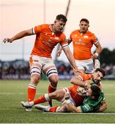 10 May 2025; Caolin Blade of Connacht is tackled by Charlie Shiel of Edinburgh during the United Rugby Championship match between Connacht and Edinburgh at Dexcom Stadium in Galway. Photo by Thomas Flinkow/Sportsfile