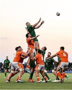 10 May 2025; Josh Murphy of Connacht and Marshall Sykes of Edinburgh compete for a lineout during the United Rugby Championship match between Connacht and Edinburgh at Dexcom Stadium in Galway. Photo by Thomas Flinkow/Sportsfile