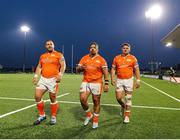 10 May 2025; Edinburgh players, from left, Boan Venter, Javan Sebastian, and Paddy Harrison leave the pitch after their victory in the United Rugby Championship match between Connacht and Edinburgh at Dexcom Stadium in Galway. Photo by Thomas Flinkow/Sportsfile