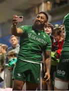 10 May 2025; Bundee Aki of Connacht takes a photo with supporters after the United Rugby Championship match between Connacht and Edinburgh at Dexcom Stadium in Galway. Photo by Thomas Flinkow/Sportsfile